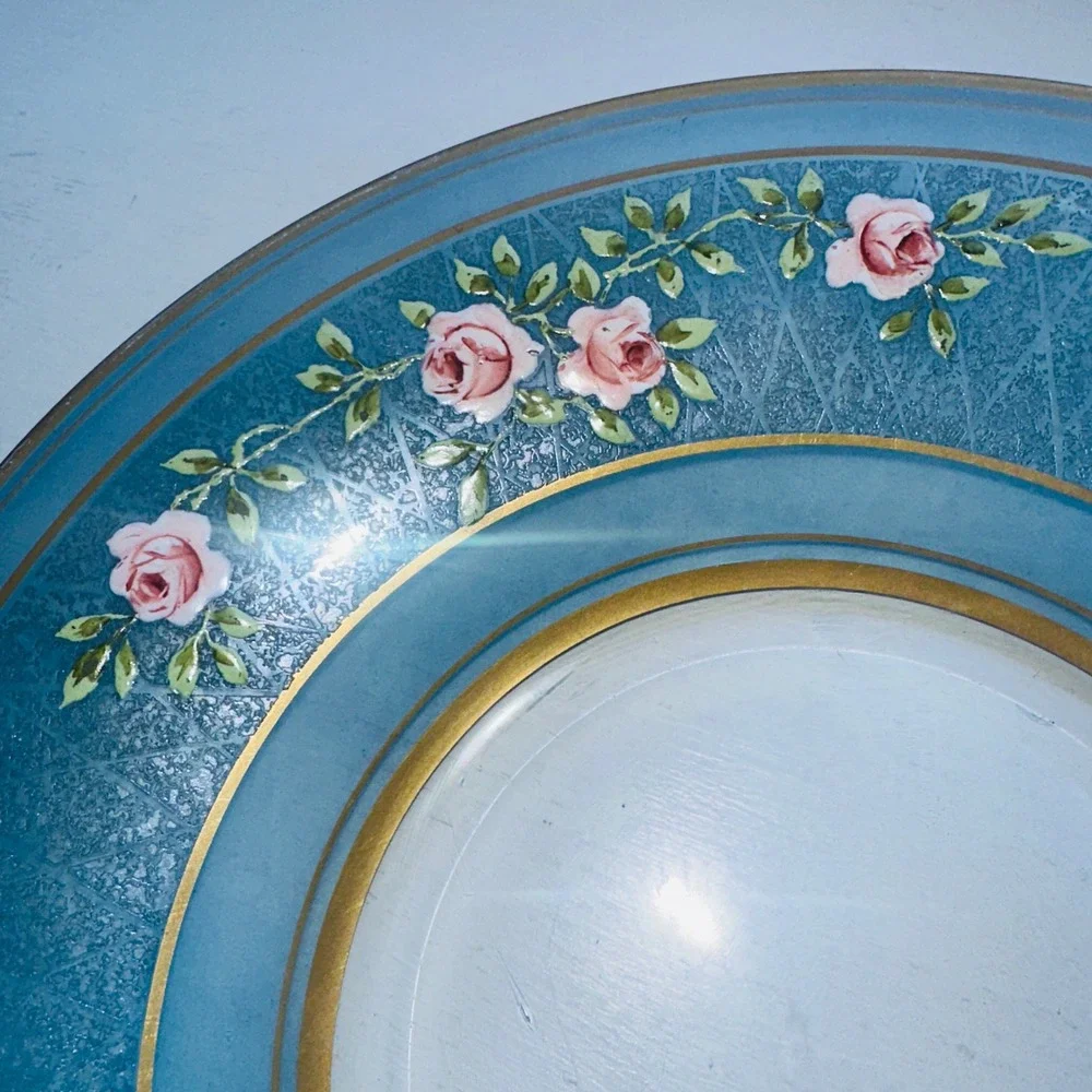 Vintage Blue Glass Plate Pink Rose Floral Hand Painted Gold Trim Lattice Rim